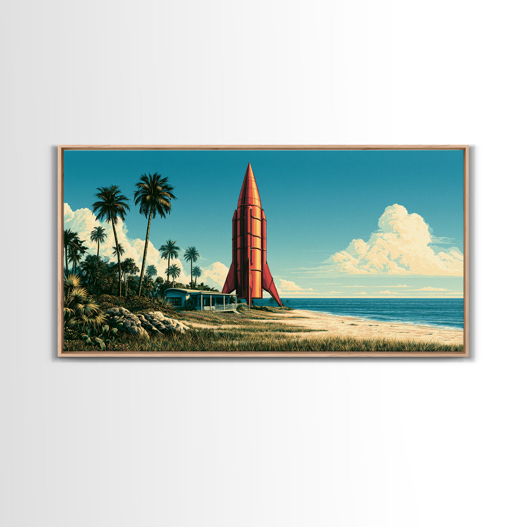 Space Age Rocket Poster Scene Framed Canvas Print, Retro Art, Fine Art Print, Living Room Decor, Fine Art, Retro, Wall Decor, RET-2x1-27