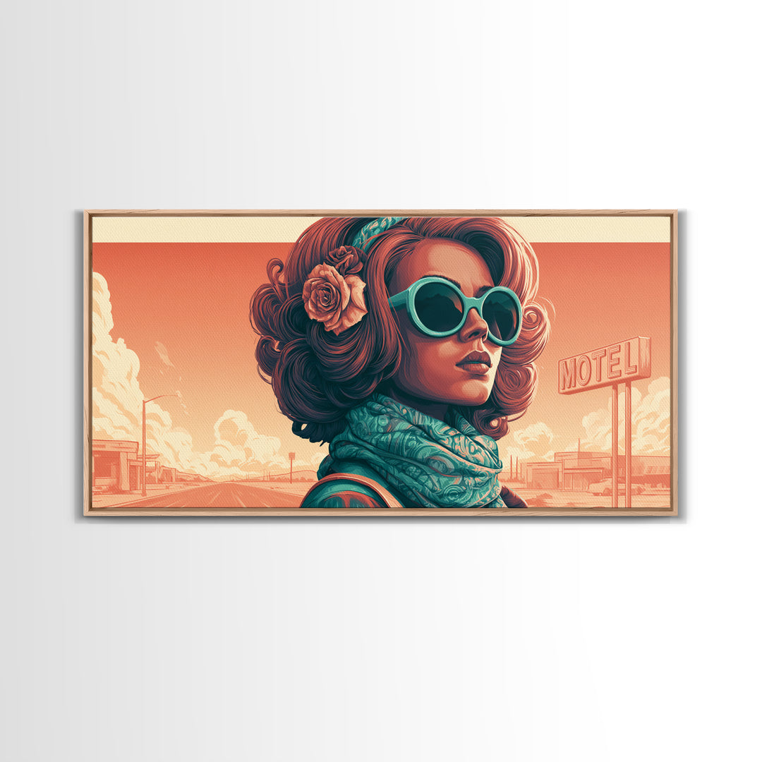 Mod Woman in Sunglasses and Scarf Framed Canvas Print, Retro Art, Minimalist Decor, Living Room Decor, Fine Art, Retro, RET-2x1-28