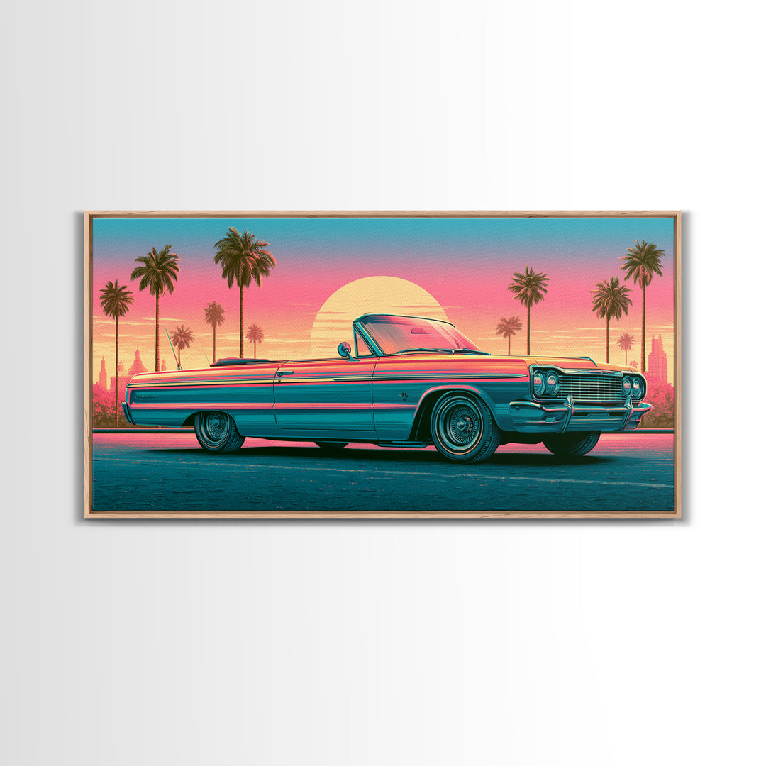 Classic Convertible at Pink Sunset Framed Canvas Print, Retro Art, Luxury Decor, Living Room Decor, Fine Art, Retro, RET-2x1-30