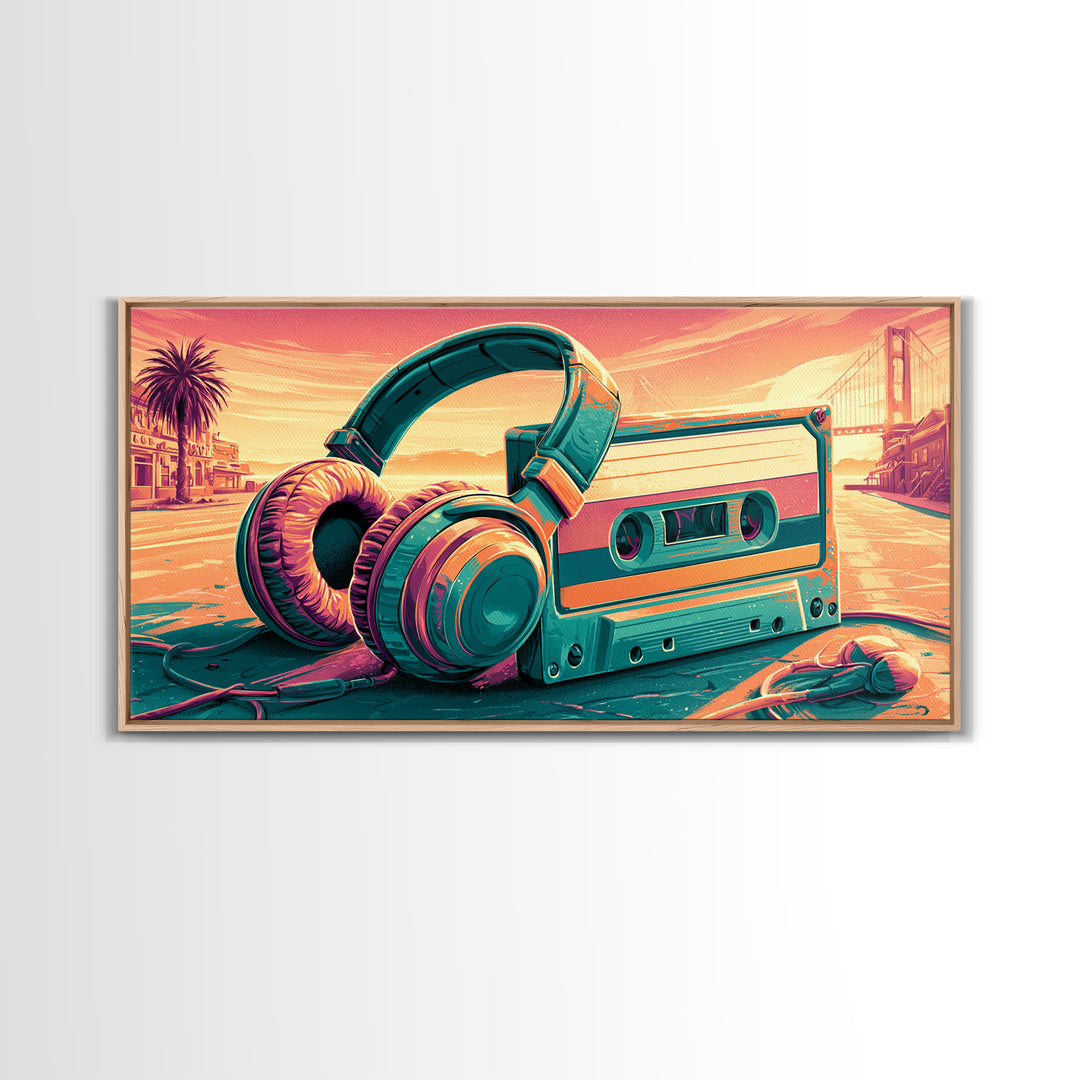 Cassette Tape and Headphones Graphic Framed Canvas Print, Retro Art, Minimalist Decor, Living Room Decor, Fine Art, Retro, RET-2x1-50