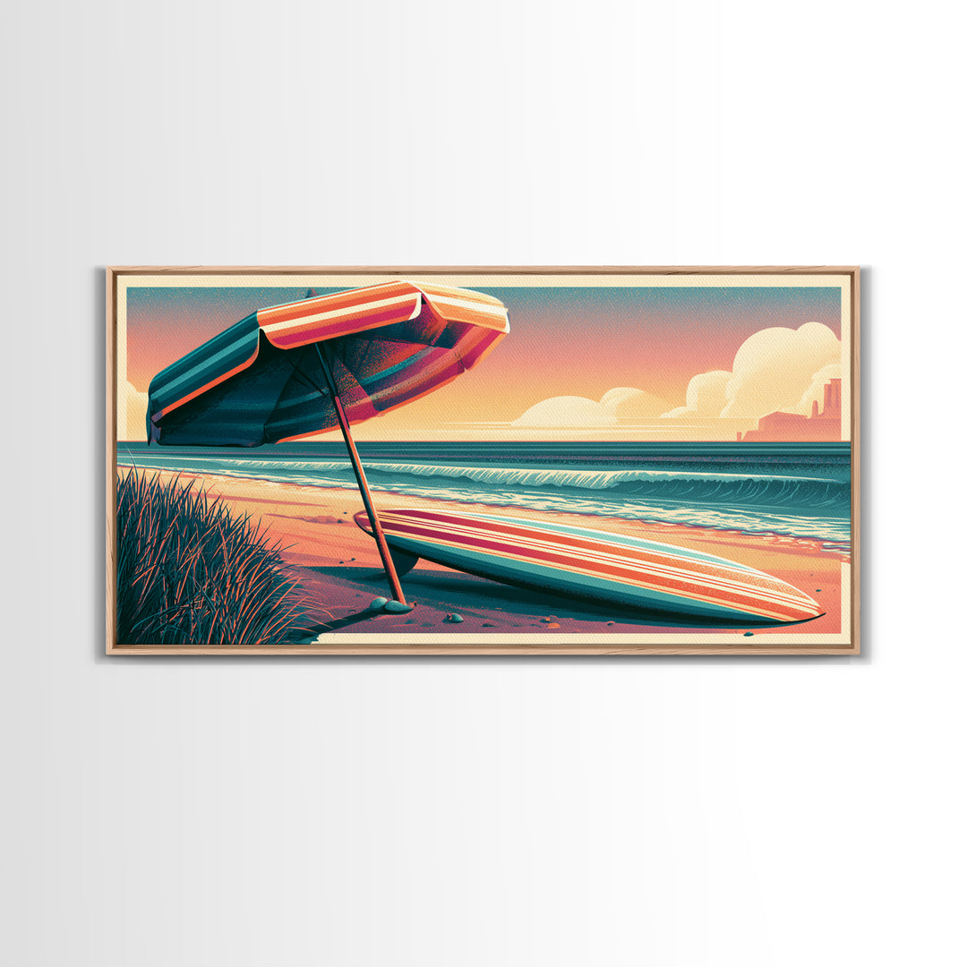 Retro Beach Umbrella and Surfboard Canvas Print, Retro Art, Room Decor, Living Room Decor, Oil Painting, Retro, Wall Art Prints, RET-2x1-62