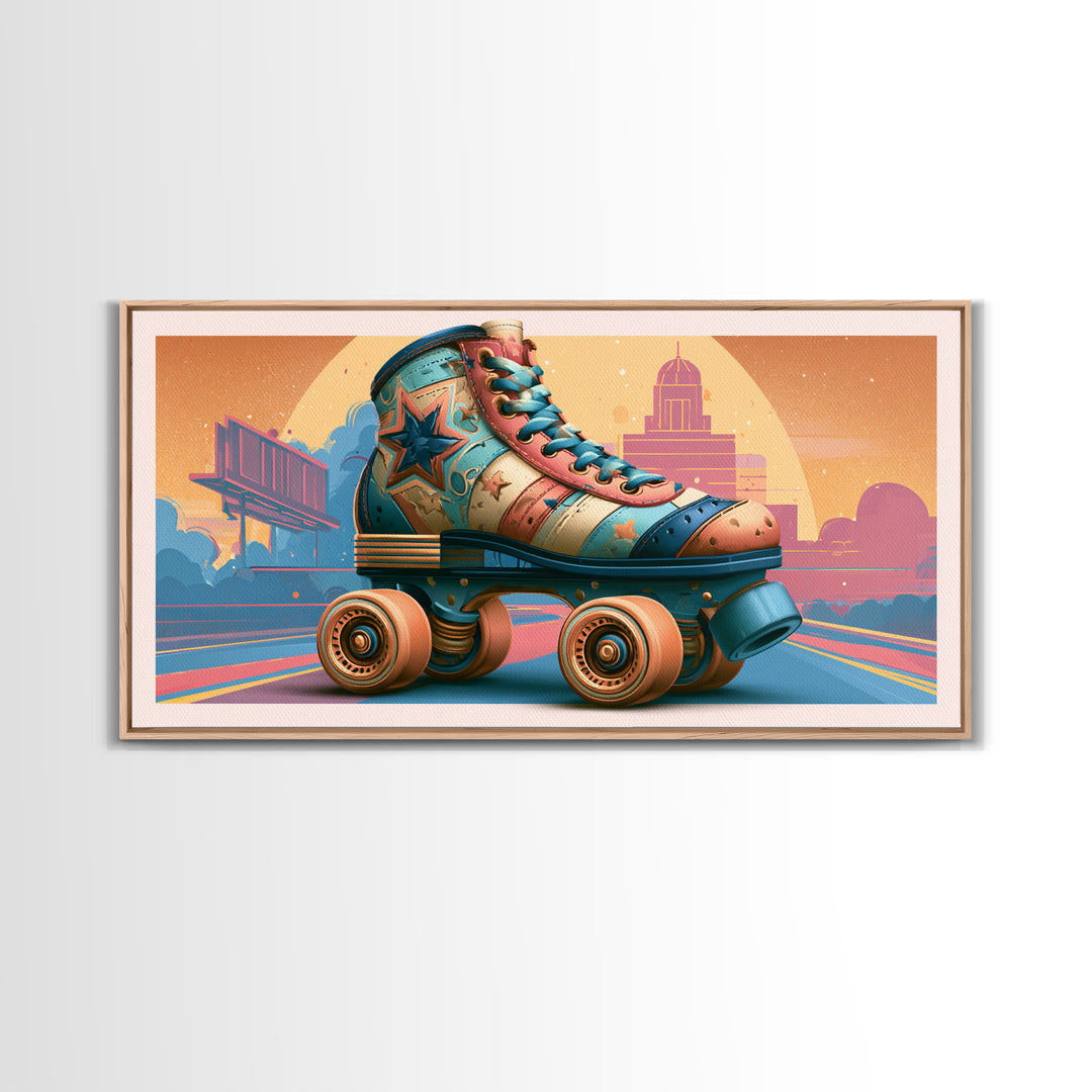 Retro Roller Skate Framed Canvas Print, Retro Art, Mid Century Modern, Living Room Decor, Fine Art, Retro, Dopamine Decor, RET-2x1-72