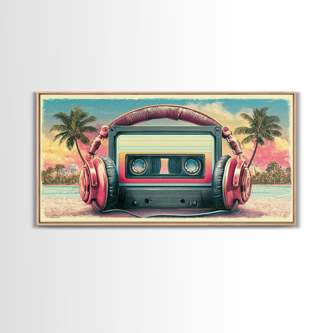Cassette Tape and Headphones Graphic Canvas Print, Retro Art, Posters, Living Room Decor, Watercolor Art, Retro, Printable Art, RET-2x1-74