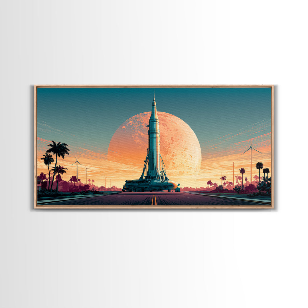 Space Age Rocket Poster Scene Framed Canvas Print, Retro Art, Boho Decor, Living Room Decor, Fine Art, Retro, Posters, RET-2x1-75