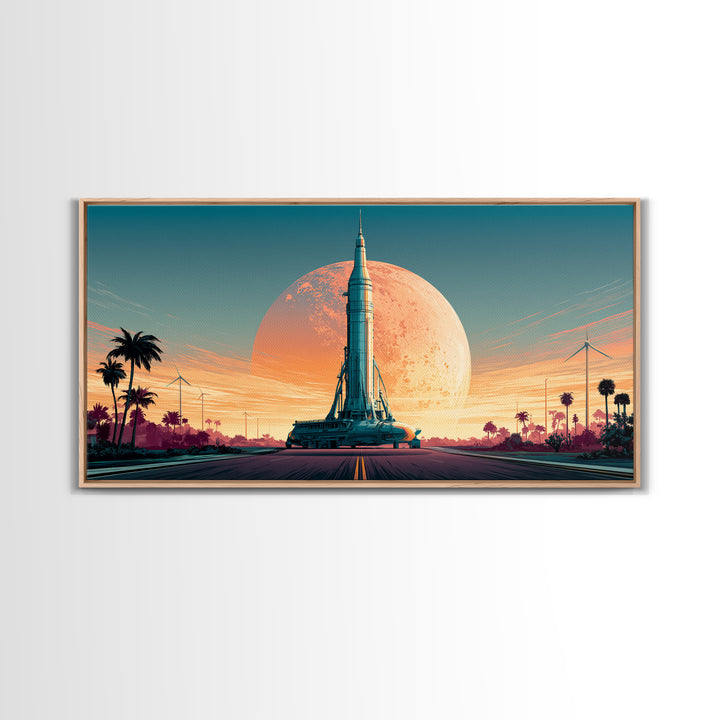 Space Age Rocket Poster Scene Framed Canvas Print, Retro Art, Boho Decor, Living Room Decor, Fine Art, Retro, Posters, RET-2x1-75