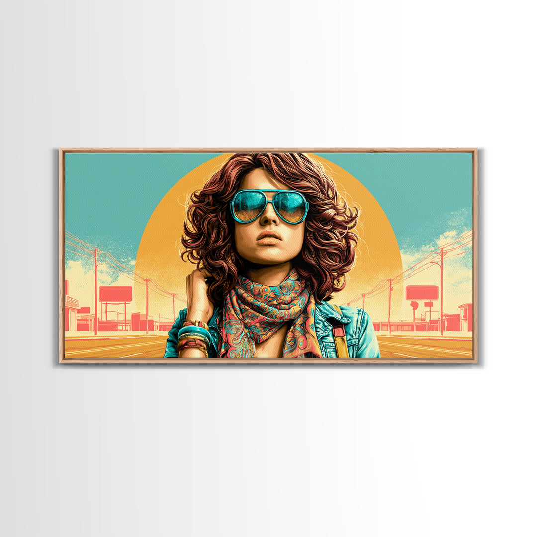 Mod Woman in Sunglasses and Scarf Canvas Print, Retro Art, Apartment Decor, Living Room Decor, Fine Art, Retro, Cat Art, RET-2x1-76