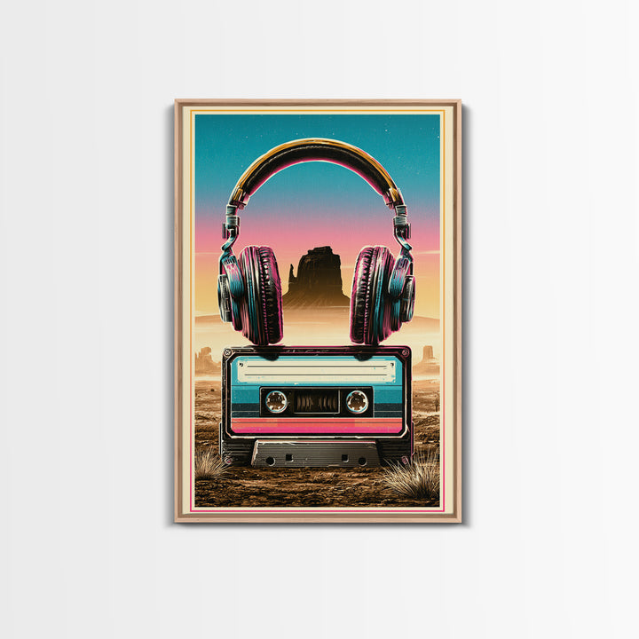 Cassette Tape and Headphones Graphic Canvas Print, Retro Art, Art Print, Living Room Decor, Oil Painting, Retro, RET-2x3-14