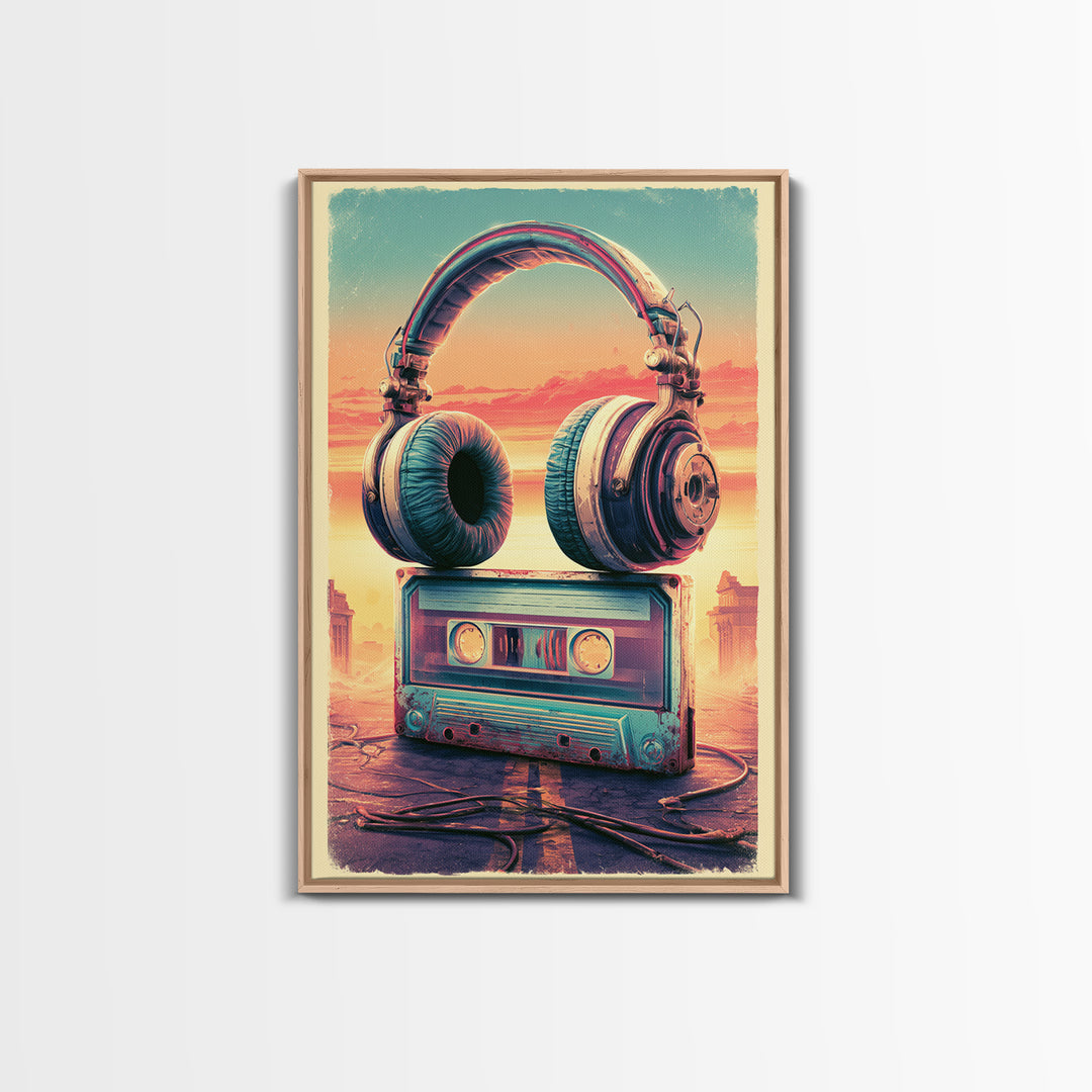 Cassette Tape and Headphones Graphic Framed Canvas Print, Retro Art, Wall Art, Living Room Decor, Fine Art, Retro, Original Art, RET-2x3-38