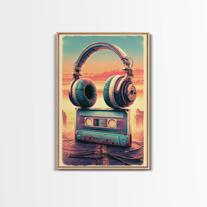 Cassette Tape and Headphones Graphic Framed Canvas Print, Retro Art, Wall Art, Living Room Decor, Fine Art, Retro, Original Art, RET-2x3-38