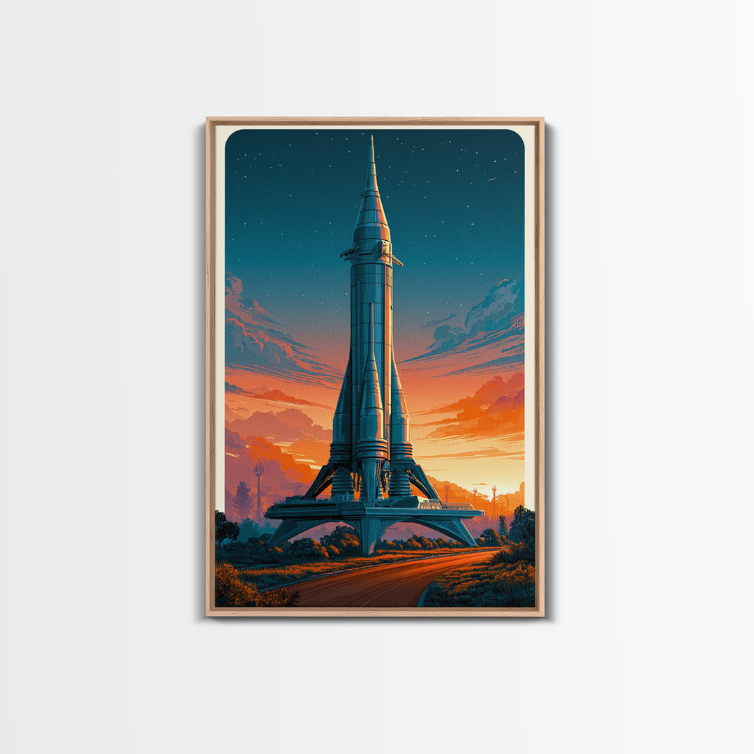 Space Age Rocket Poster Scene Framed Canvas Print, Retro Art, Posters, Living Room Decor, Fine Art, Retro, Printable Art, RET-2x3-63