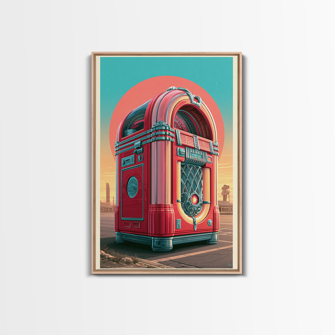 Jukebox Glowing in Red and Chrome Framed Canvas Print, Retro Art, Apartment Decor, Living Room Decor, Fine Art, Retro, RET-2x3-76