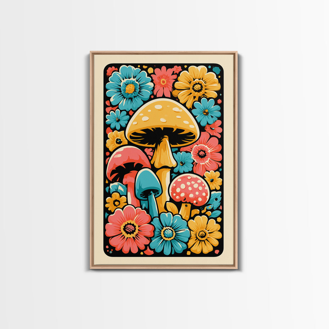 Funky Mushroom and Flower Pattern Canvas Print, Retro Art, Poster, Living Room Decor, Watercolor Art, Retro, Abstract Art, RET-2x3-79