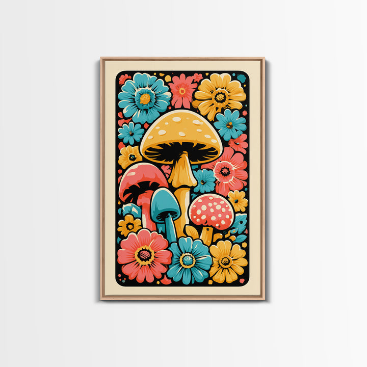 Funky Mushroom and Flower Pattern Canvas Print, Retro Art, Poster, Living Room Decor, Watercolor Art, Retro, Abstract Art, RET-2x3-79