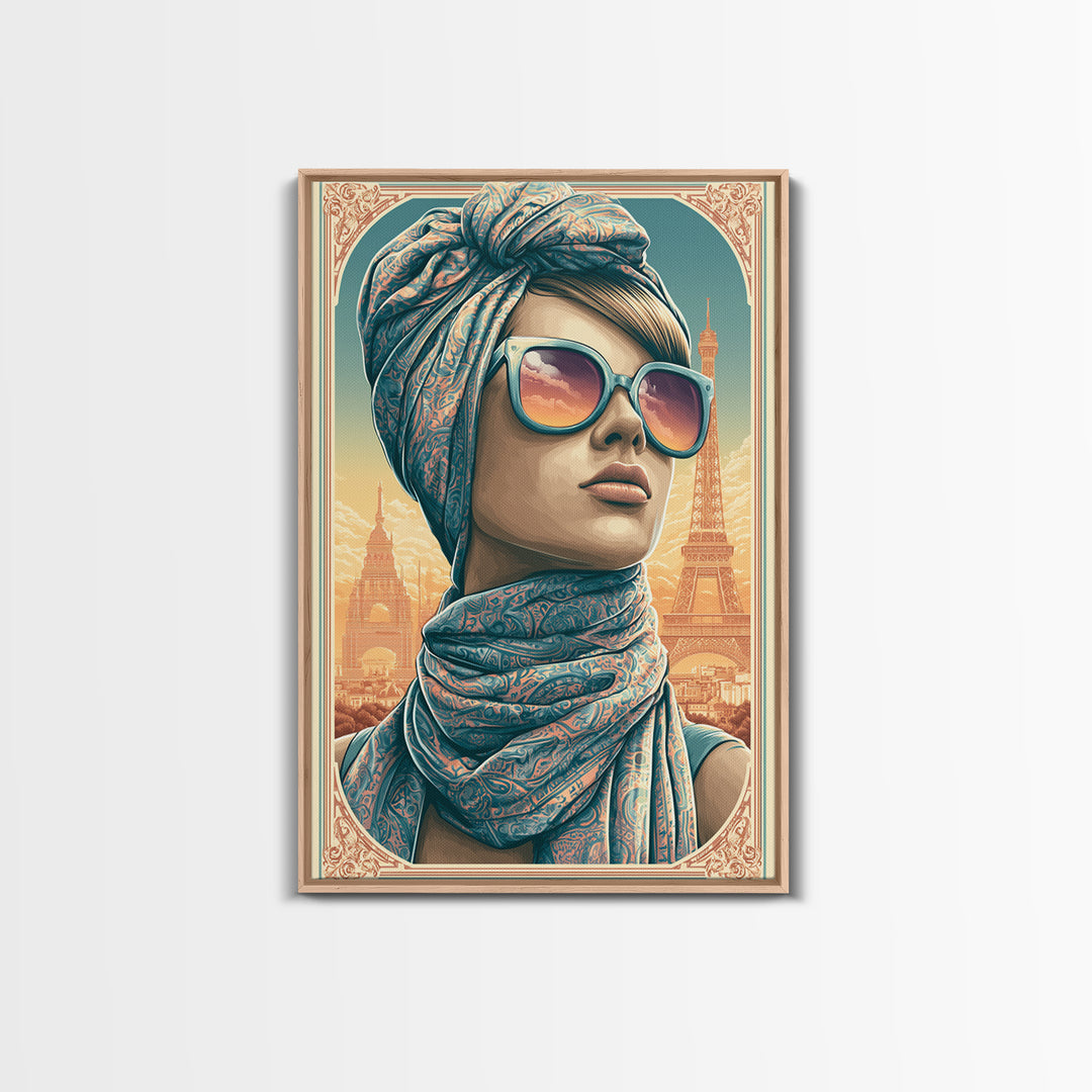Mod Woman in Sunglasses and Scarf Framed Canvas Print, Retro Art, Printable Wall Art, Living Room Decor, Fine Art, Retro, RET-2x3-88