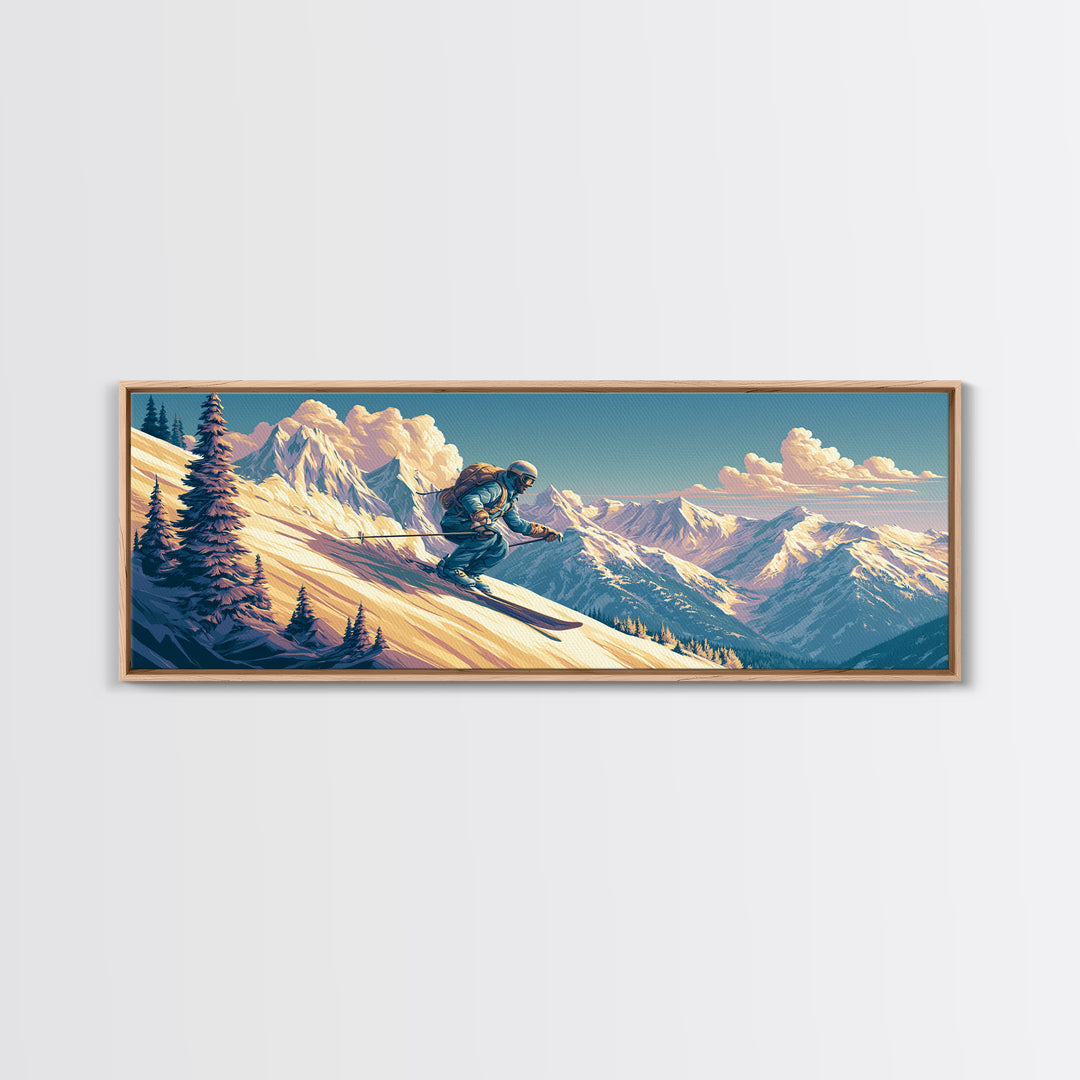 Retro Ski Poster Mountain Scene Canvas Print, Retro Art, Abstract Wall Art, Living Room Decor, Watercolor Art, Retro, RET-3x1-16