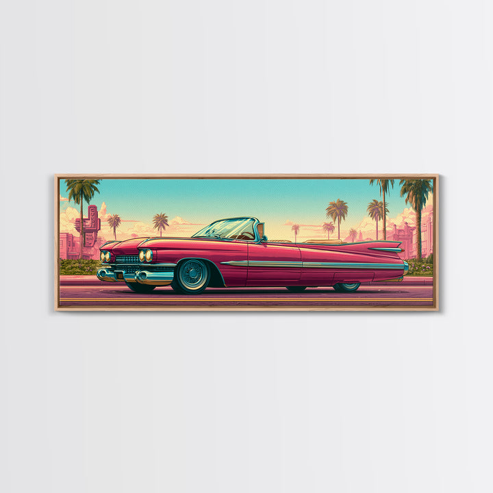 Classic Convertible at Pink Sunset Framed Canvas Print, Retro Art, Digital Prints, Living Room Decor, Fine Art, Retro, RET-3x1-2