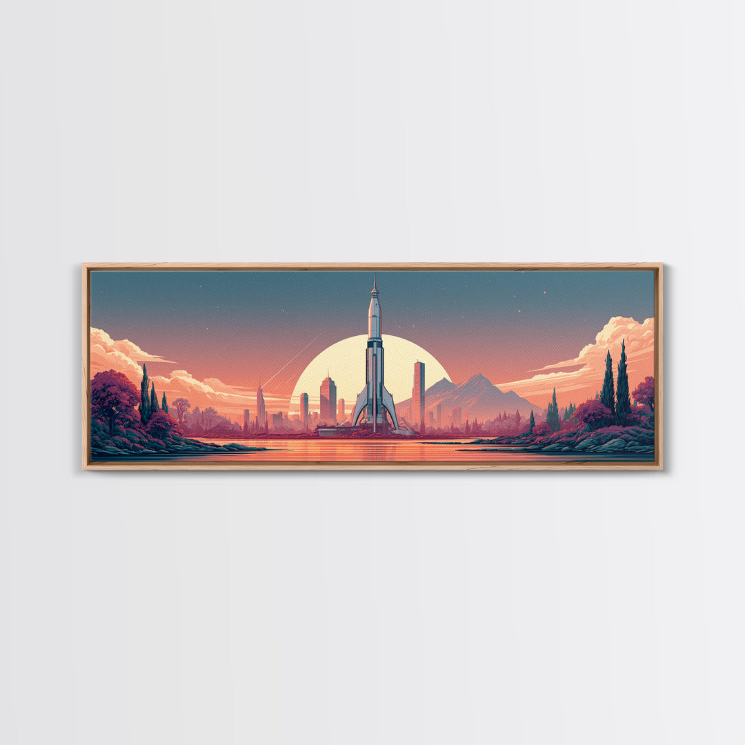 Space Age Rocket Poster Scene Framed Canvas Print, Retro Art, Wall Decor, Living Room Decor, Fine Art, Retro, Apartment Decor, RET-3x1-47