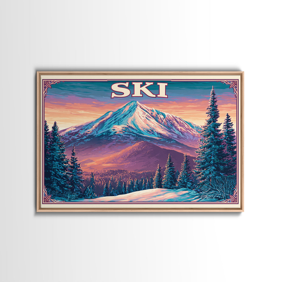 Retro Ski Poster Mountain Scene Framed Canvas Print, Retro Art, Fine Art Print, Living Room Decor, Fine Art, Retro, Wall Decor, RET-3x2-100