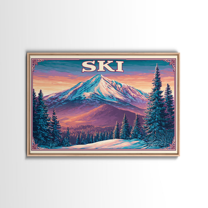 Retro Ski Poster Mountain Scene Framed Canvas Print, Retro Art, Fine Art Print, Living Room Decor, Fine Art, Retro, Wall Decor, RET-3x2-100