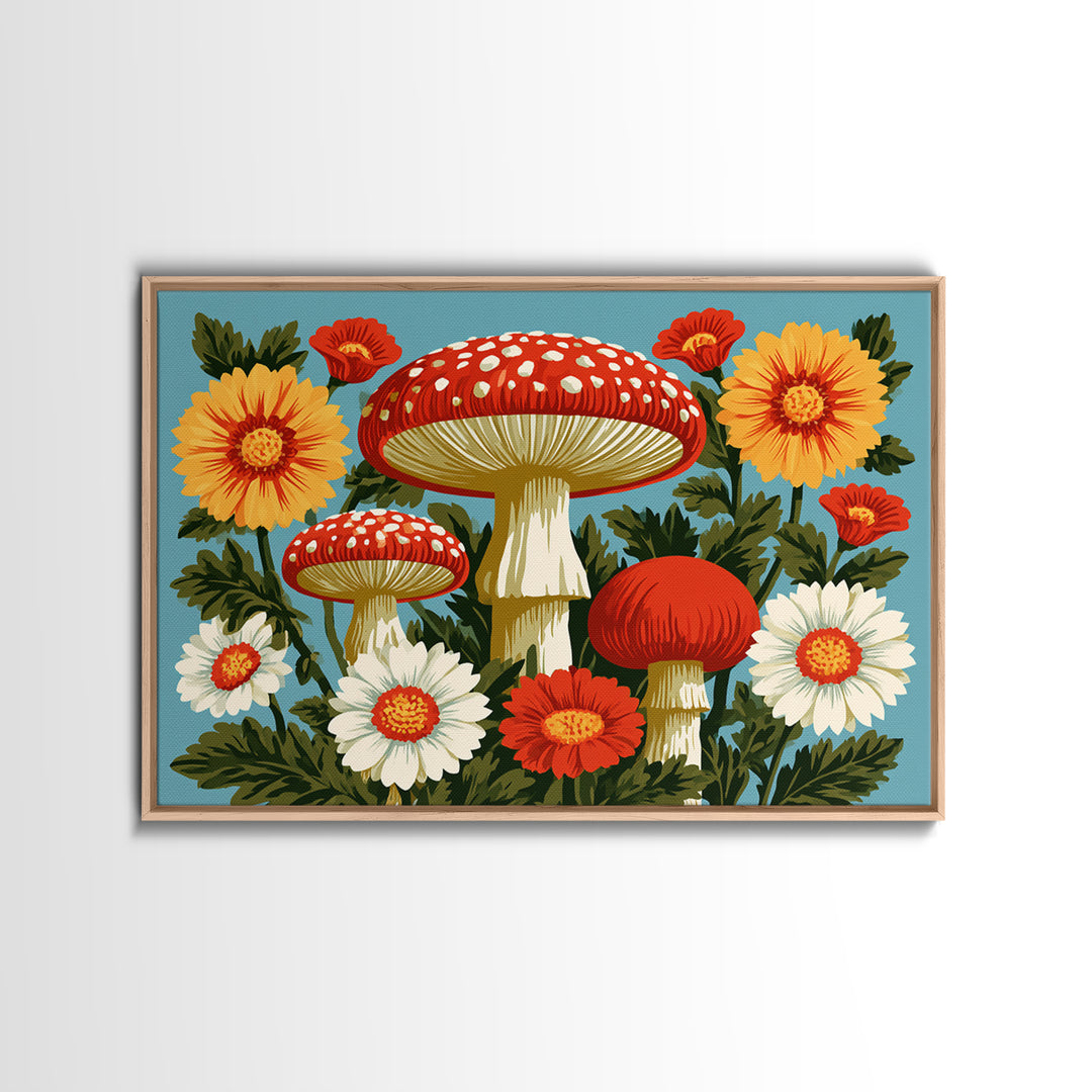Funky Mushroom and Flower Pattern Framed Canvas Print, Retro Art, Abstract Wall Art, Living Room Decor, Fine Art, Retro, RET-3x2-27