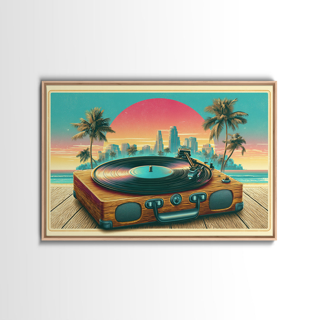 Vinyl Record Player Framed Canvas Print, Retro Art, Abstract Wall Art, Living Room Decor, Oil Painting, Retro, Neutral Decor, RET-3x2-40