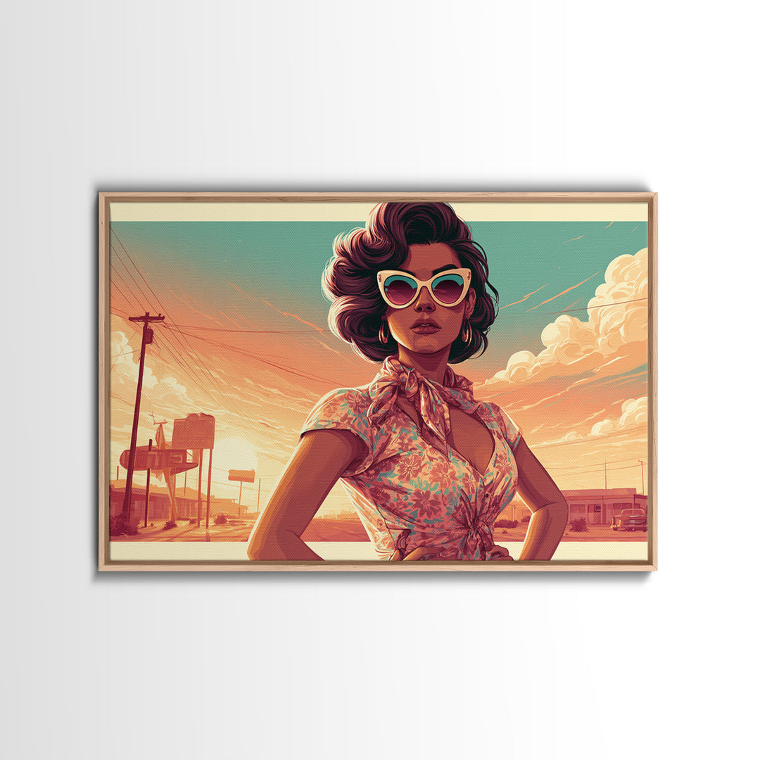 Mod Woman in Sunglasses and Scarf Framed Canvas Print, Retro Art, Floral Wall Art, Living Room Decor, Fine Art, Retro, RET-3x2-60
