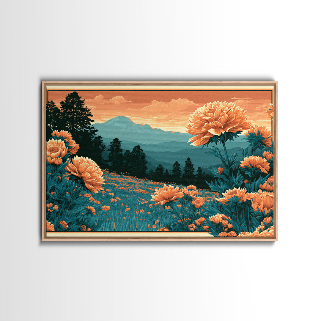 Retro Floral Pattern Framed Canvas Print, Retro Art, Movie Poster, Living Room Decor, Oil Painting, Retro, Wall Art Print, RET-3x2-63