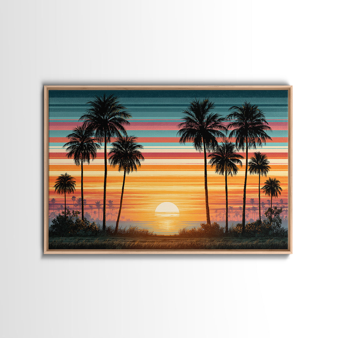 70s Sunset Stripes Framed Canvas Print, Retro Art, Bedroom Wall Art, Living Room Decor, Watercolor Art, Retro, Art Print, RET-3x2-79