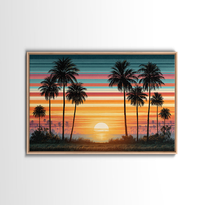 70s Sunset Stripes Framed Canvas Print, Retro Art, Bedroom Wall Art, Living Room Decor, Watercolor Art, Retro, Art Print, RET-3x2-79