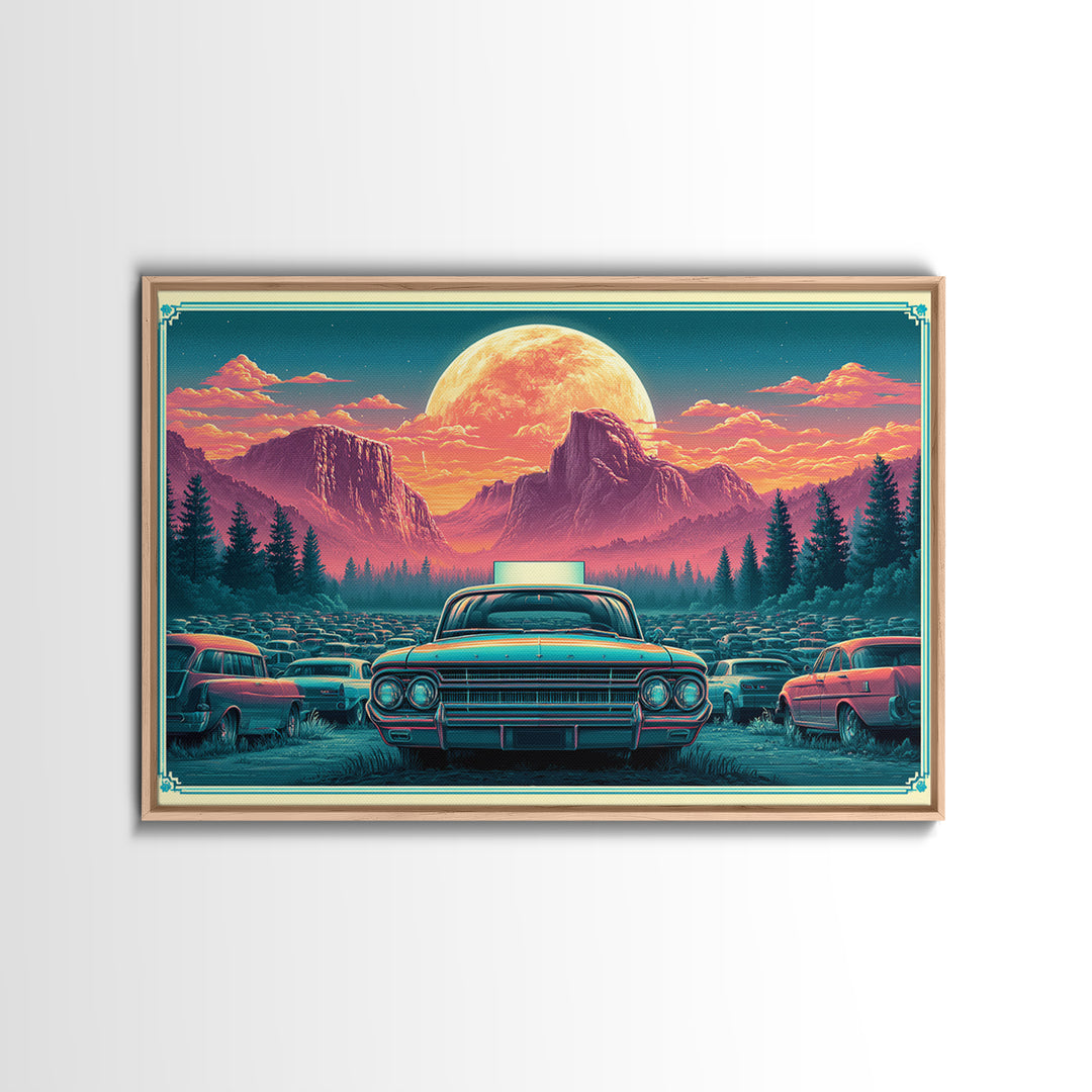 Drive in Movie Scene with Moonlit Cars Framed Canvas Print, Retro Art, Luxury Decor, Living Room Decor, Fine Art, Retro, RET-3x2-92