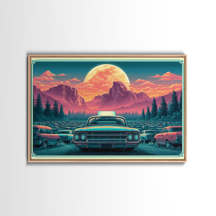 Drive in Movie Scene with Moonlit Cars Framed Canvas Print, Retro Art, Luxury Decor, Living Room Decor, Fine Art, Retro, RET-3x2-92