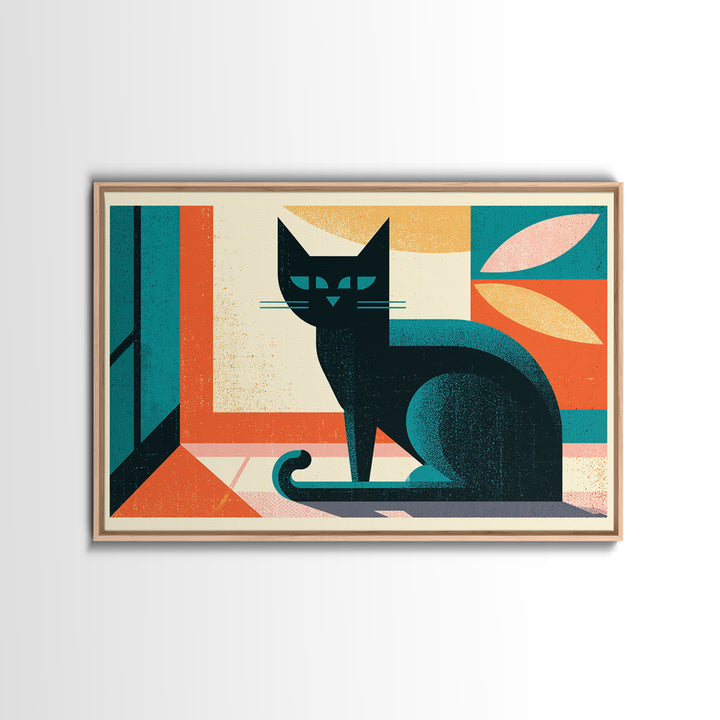 Mid Century Cat Framed Canvas Print, Retro Art, Floral Wall Art, Living Room Decor, Abstract Art, Retro, Minimalist Decor, RET-3x2-97