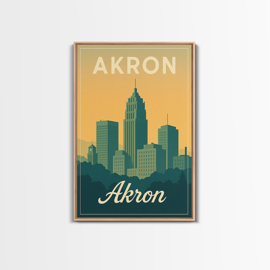 Akron Ohio Travel Poster, Canvas Print, Retro Sunset Skyline Art, Akron Travel Art, Fine Art Print, Mid Century Wall Art, Travel Decor