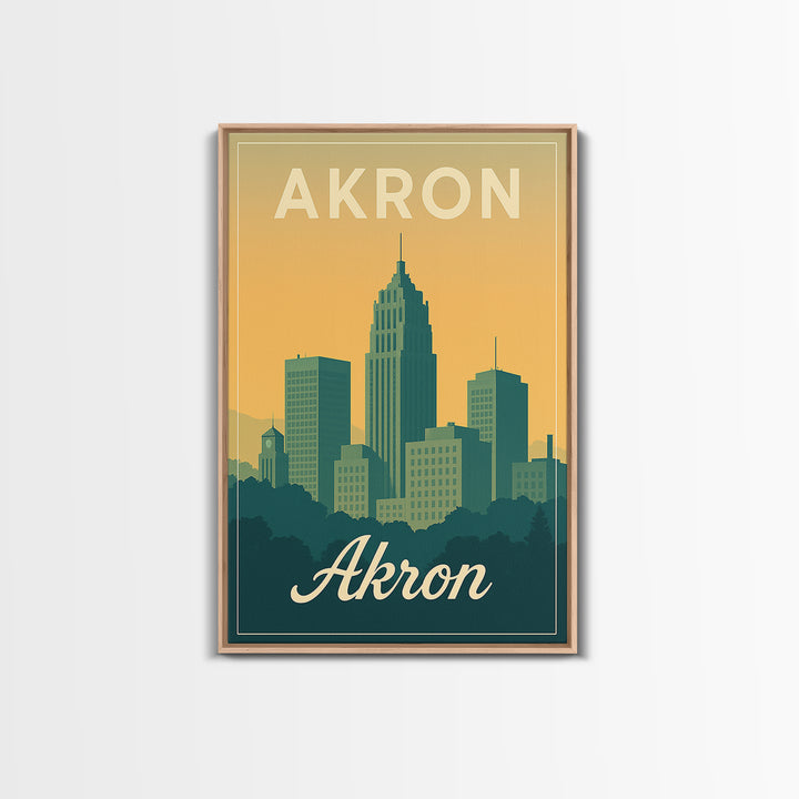 Akron Ohio Travel Poster, Canvas Print, Retro Sunset Skyline Art, Akron Travel Art, Fine Art Print, Mid Century Wall Art, Travel Decor