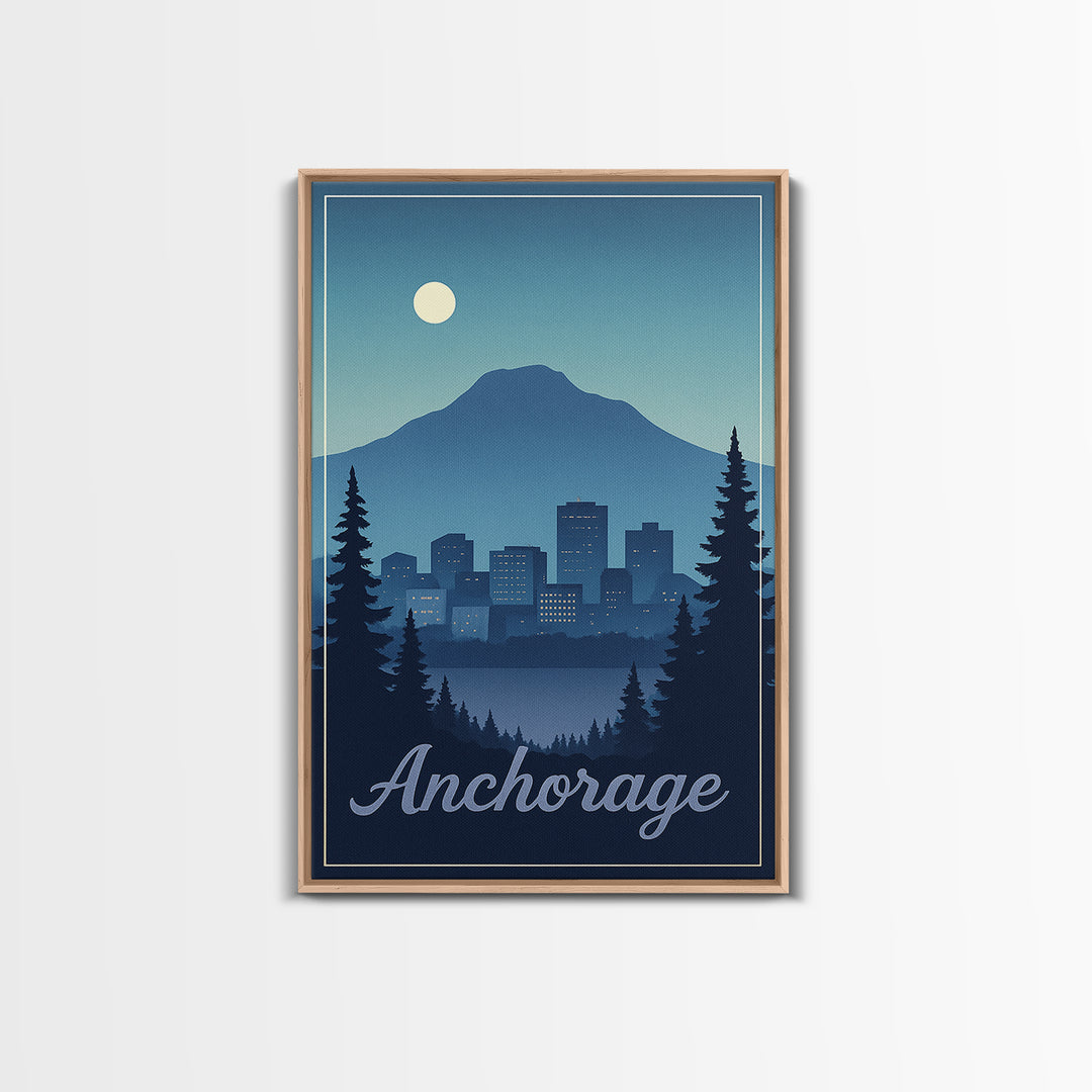 Anchorage Travel Poster, Framed Canvas Print, Retro Sunset Skyline Art, Anchorage City Art, Travel Poster Art, Travel Wall Decor