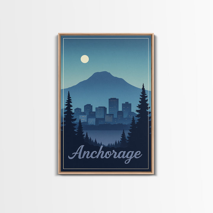 Anchorage Travel Poster, Framed Canvas Print, Retro Sunset Skyline Art, Anchorage City Art, Travel Poster Art, Travel Wall Decor