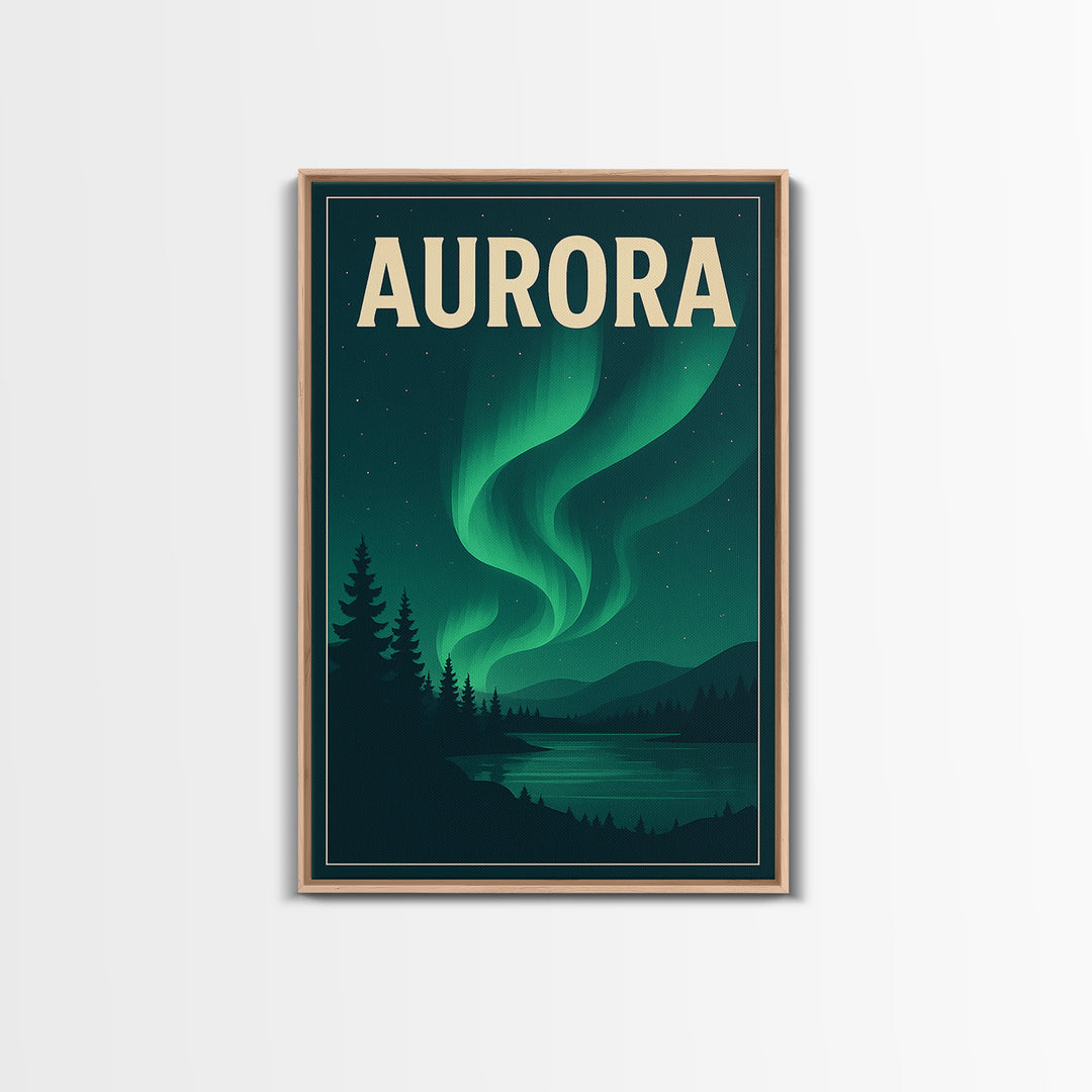 Aurora Travel Poster, Framed Canvas Print, Retro Sunset Skyline Art, Aurora Art Print, City Illustration, Vintage City Poster, Design 2