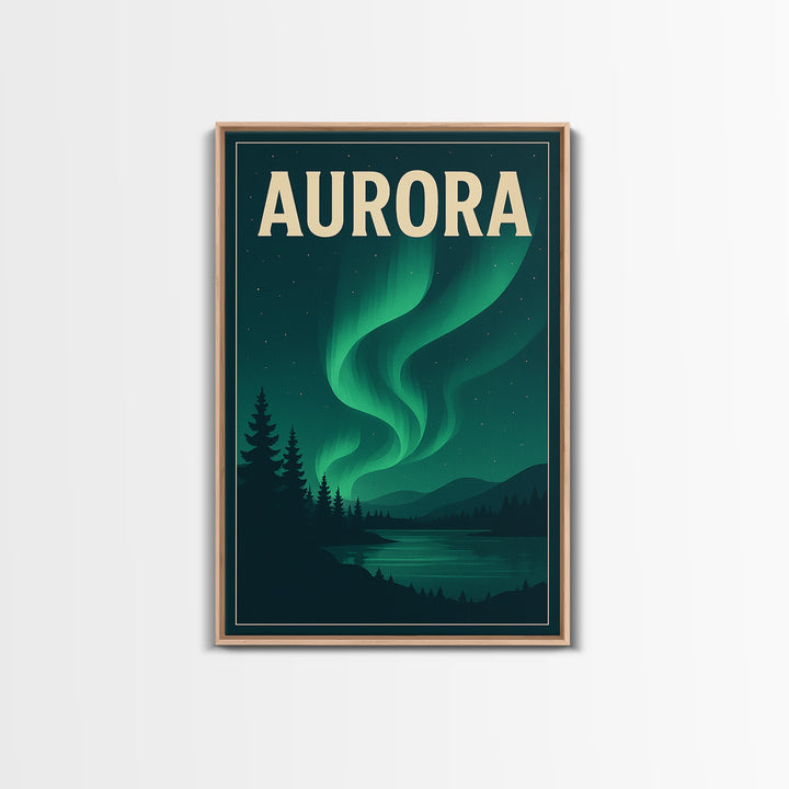 Aurora Travel Poster, Framed Canvas Print, Retro Sunset Skyline Art, Aurora Art Print, City Illustration, Vintage City Poster, Design 2