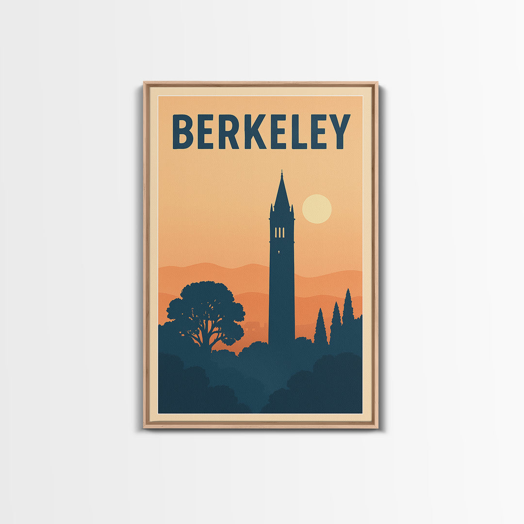 Berkeley Travel Poster, Framed Canvas Print, Retro Sunset Skyline Art, Berkeley Poster Print, Travel Wall Decor, Watercolor Urban Skyline