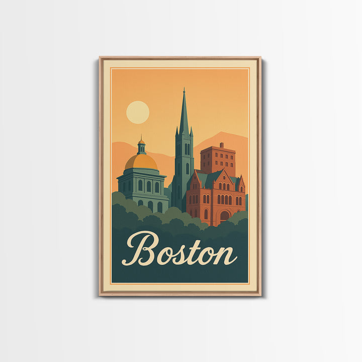Boston Massachusetts Travel Poster, Framed Canvas Print, Retro Sunset Skyline Art, Boston Art Print, Mid Century Wall Art, City Illustration