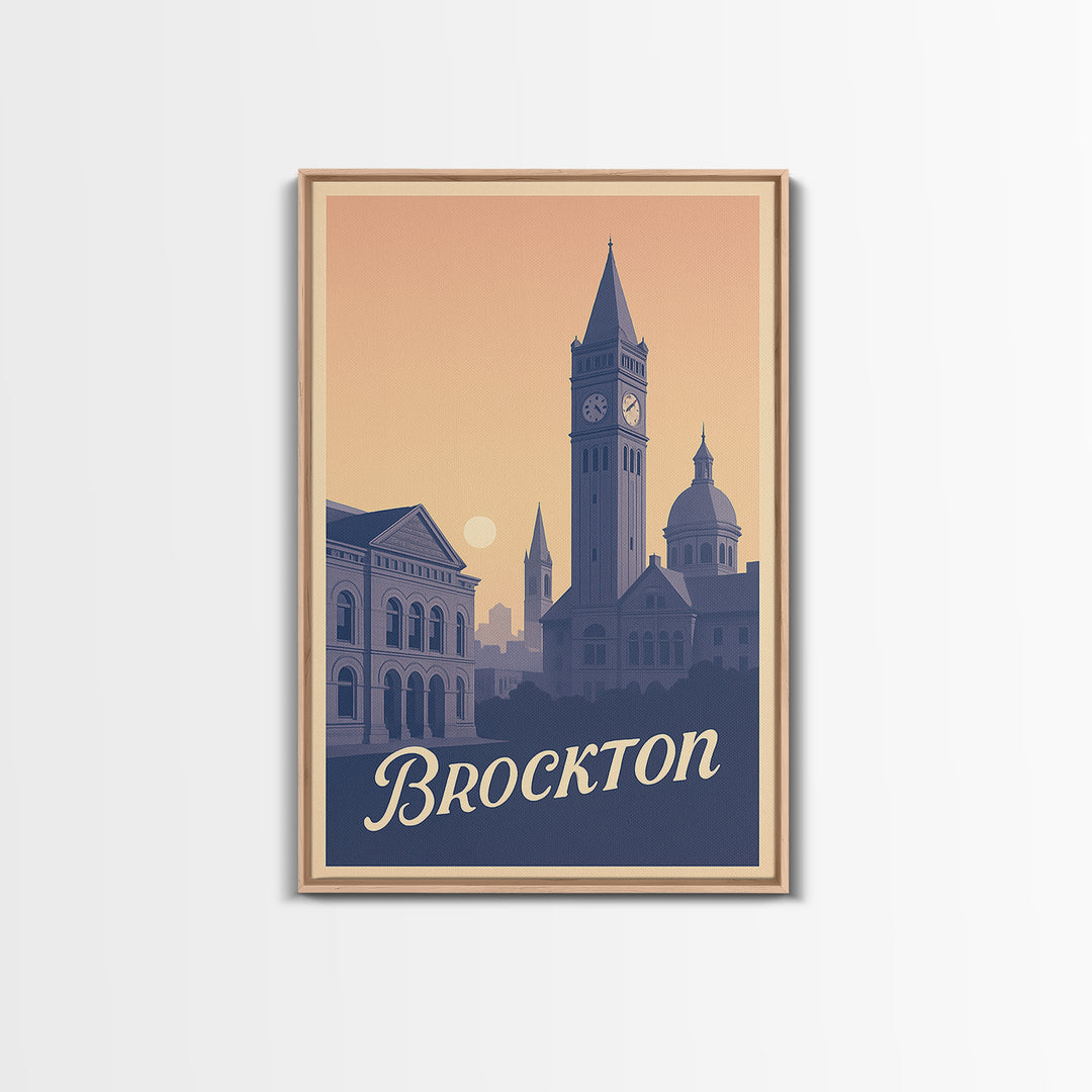 Brockton Travel Poster, Framed Canvas Print, Classic Travel Poster Art, Brockton Wall Art, Watercolor Urban Skyline, Fine Art Print