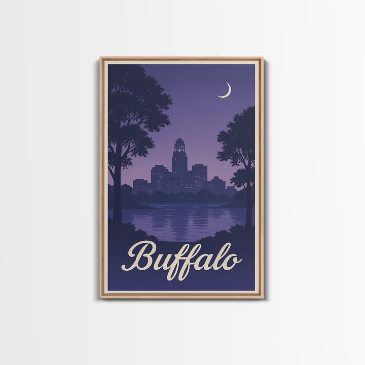 Buffalo Travel Poster, Framed Canvas Print, Retro Sunset Skyline Art, Buffalo Travel Art, City Illustration, Travel Art Print, Design 2