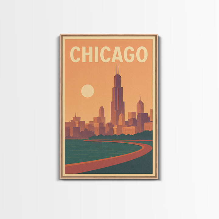 Chicago Illinois Travel Poster, Framed Canvas Print, Retro Sunset Skyline Art, Chicago Travel Art, Retro Travel Print, Home Office Decor
