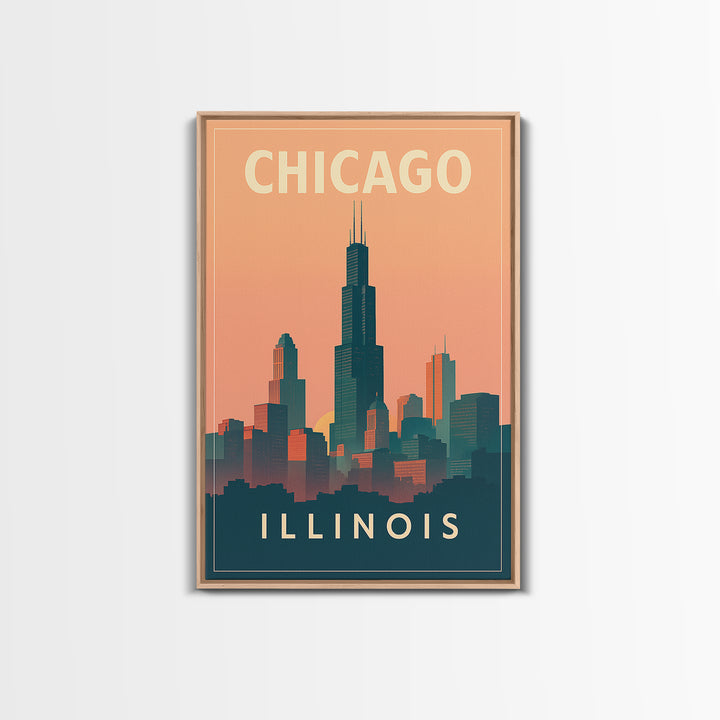 Chicago Travel Poster, Framed Canvas Print, Classic Travel Poster Art, Chicago Wall Art, Vintage City Poster, Mid Century Wall Art
