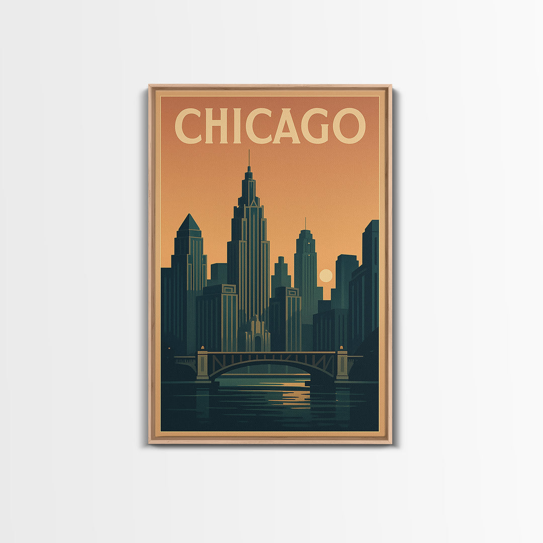 Chicago Travel Poster, Framed Canvas Print, Retro Sunset Skyline Art, Chicago Poster Print, Travel Poster Set, Vintage City Poster