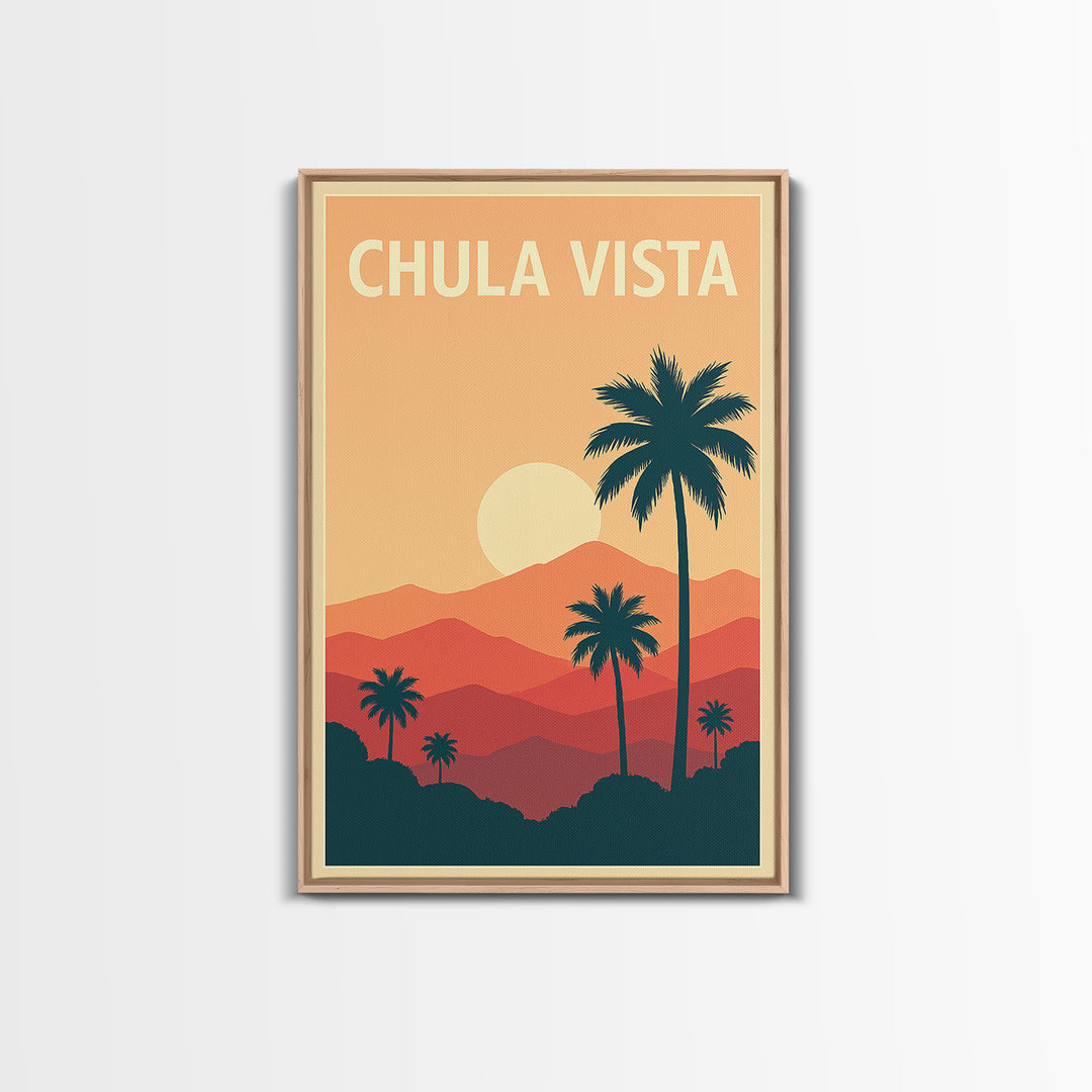 Chula Vista Travel Poster, Framed Canvas Print, Retro Sunset Skyline Art, Chula Vista Poster Print, Vintage City Poster, City Art Print