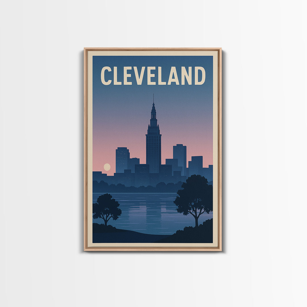 Cleveland Travel Poster, Framed Canvas Print, Mid Century City Wall Art, Cleveland City Art, City Illustration, Modern Wall Decor