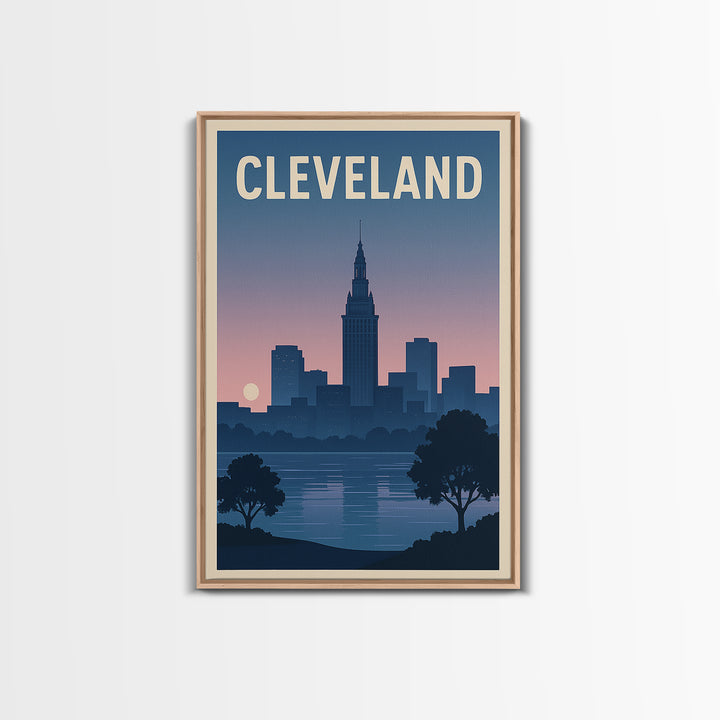Cleveland Travel Poster, Framed Canvas Print, Mid Century City Wall Art, Cleveland City Art, City Illustration, Modern Wall Decor