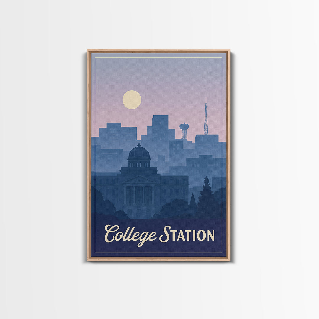 College Station Travel Poster, Framed Canvas Print, Retro Sunset Skyline Art, College Station City Art, Home Office Decor, Travel Art Print