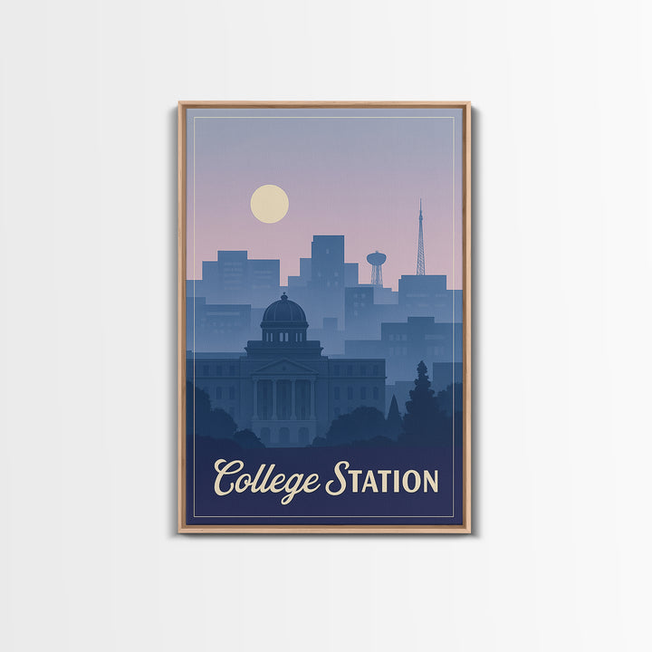 College Station Travel Poster, Framed Canvas Print, Retro Sunset Skyline Art, College Station City Art, Home Office Decor, Travel Art Print